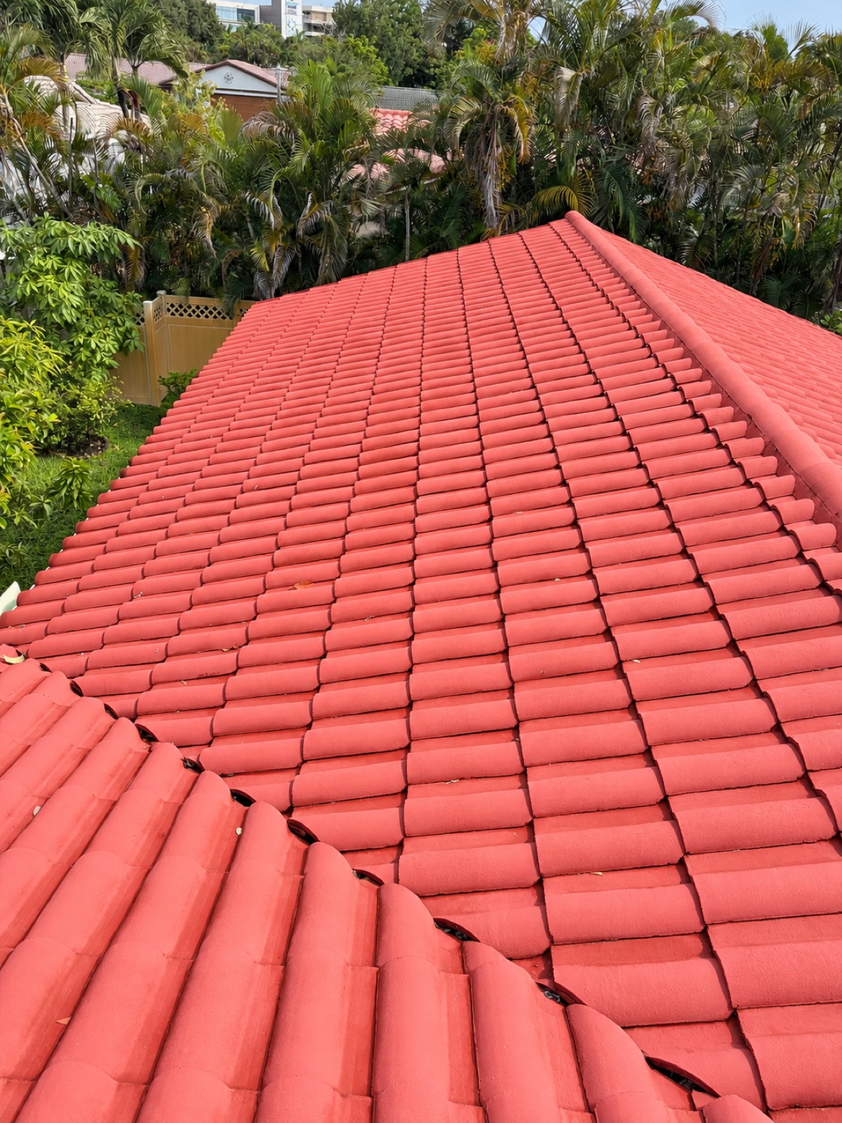 The same clay tile roof in Davie back to its terracotta color after roof cleaning