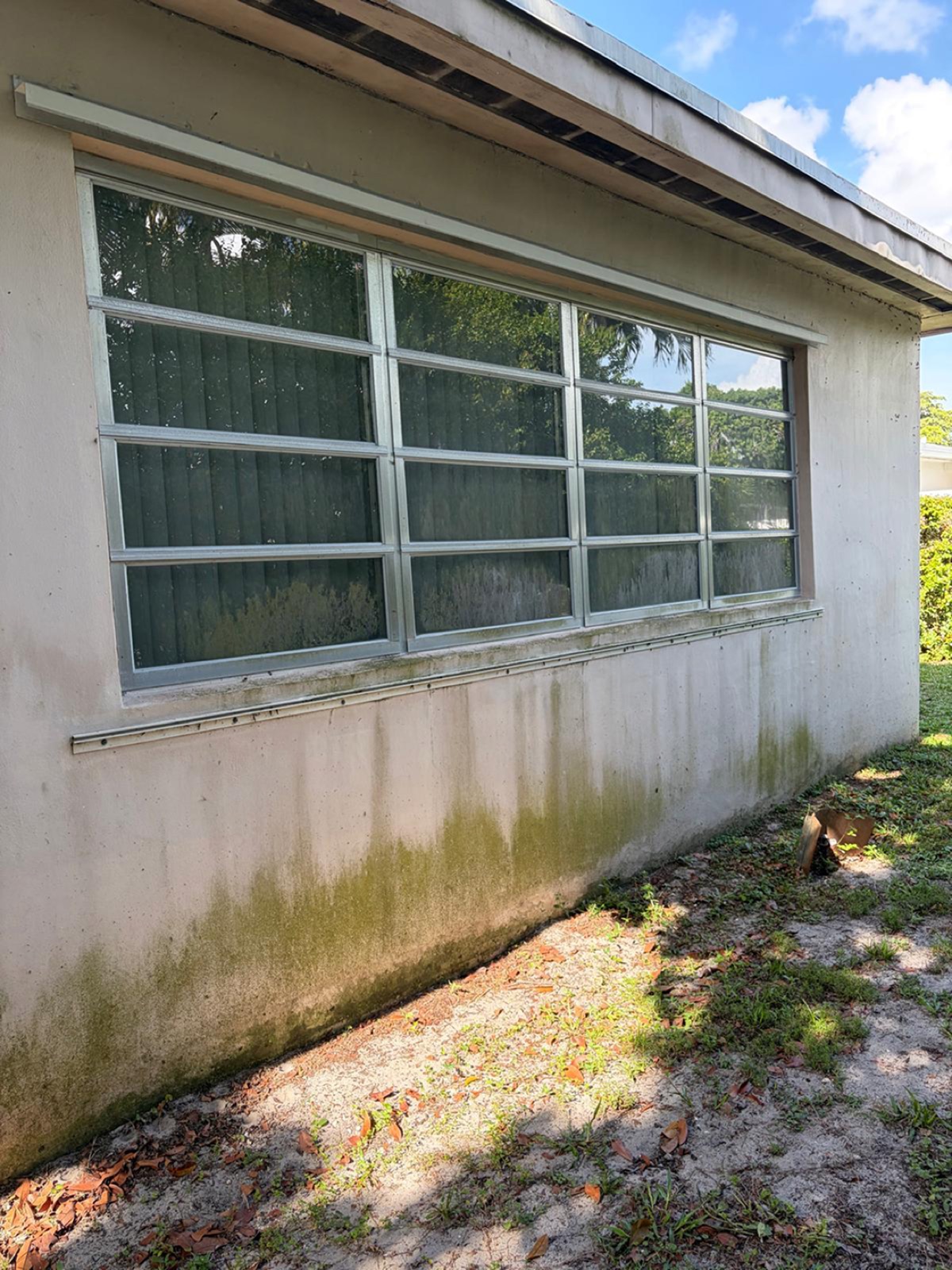 Stucco exterior wall with mold and grime before soft washing in Miramar, FL