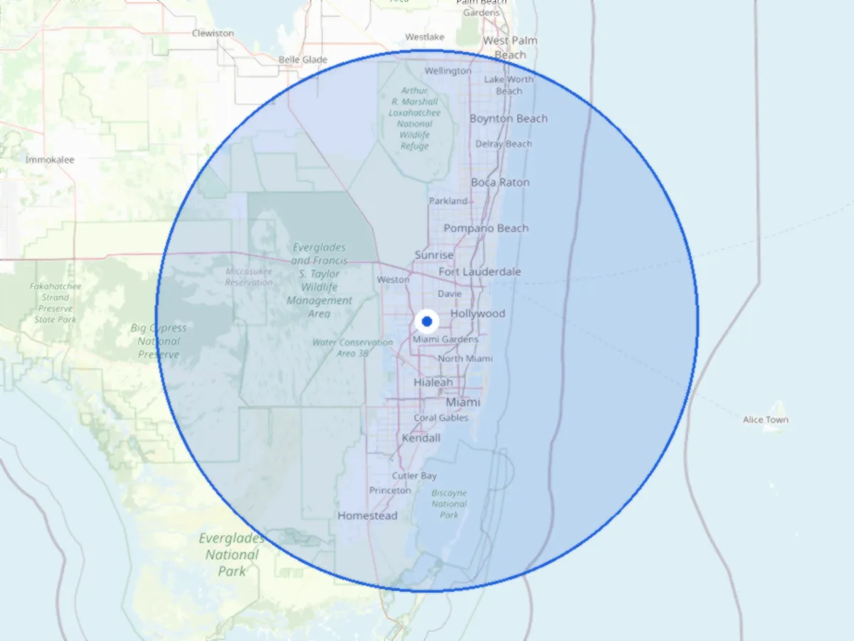 Map of GEMZ Pressure Washing's service area: a 50-mile radius around Pembroke Pines, FL, covering Broward County and nearby areas