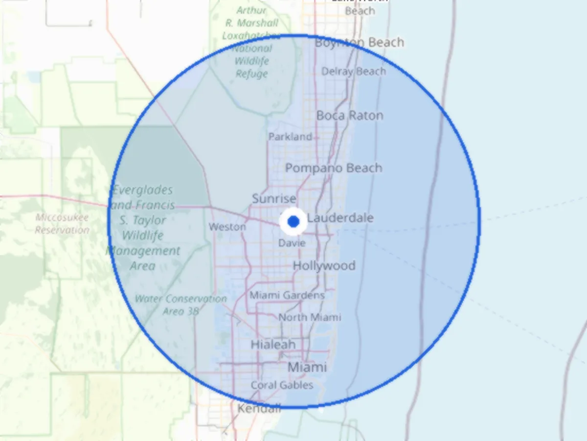 Map of GEMZ Pressure Washing's service area: a 30-mile radius around ZIP code 33317, covering Broward County and nearby areas